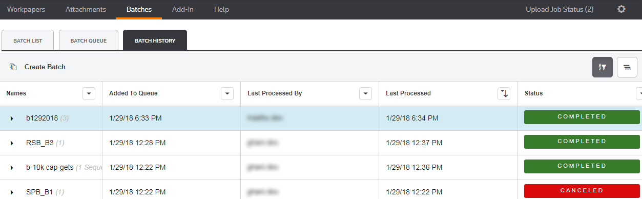 Screen capture showing the tab BATCH HISTORY.